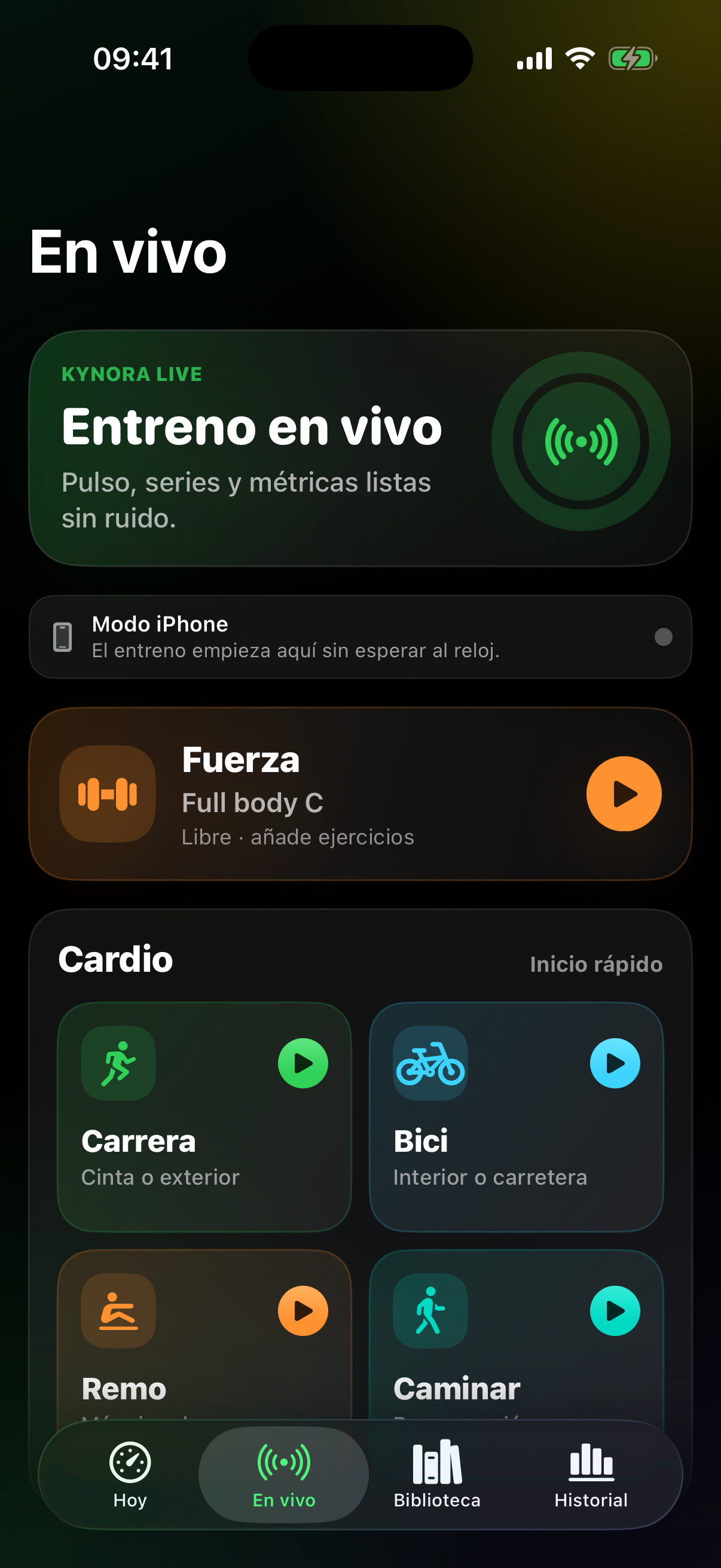 Pantalla En vivo — temporizador y ejercicio